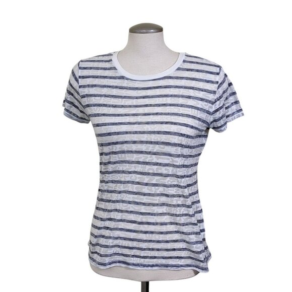 Armani Exchange Womens M Sheer Top Tissue T Shirt Black Striped Logo Text Thin - Picture 1 of 6